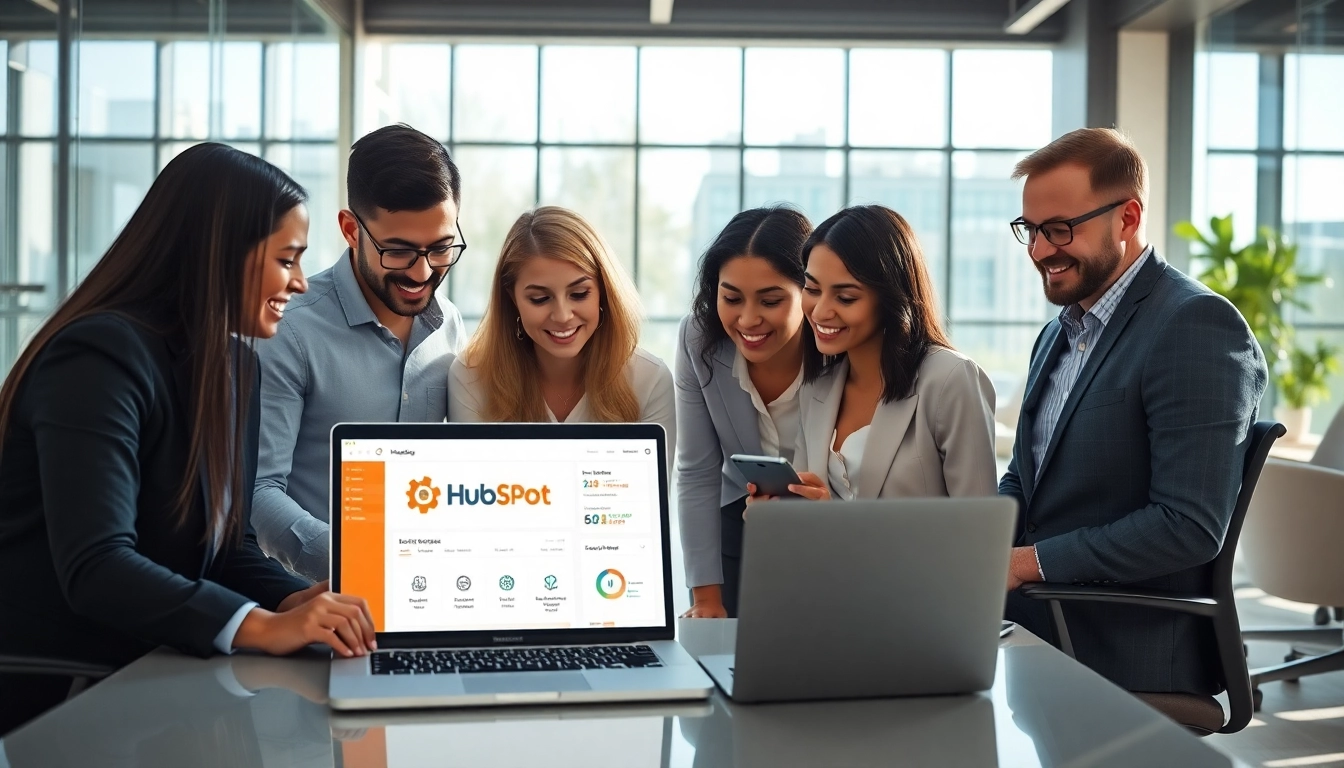 Team using HubSpot CRM free in a modern office for collaborative business solutions.