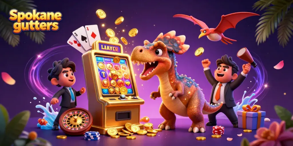 Spokane gutters feature a pachycephalosaurus headbutting a jackpot slot machine amidst casino chaos and coins.