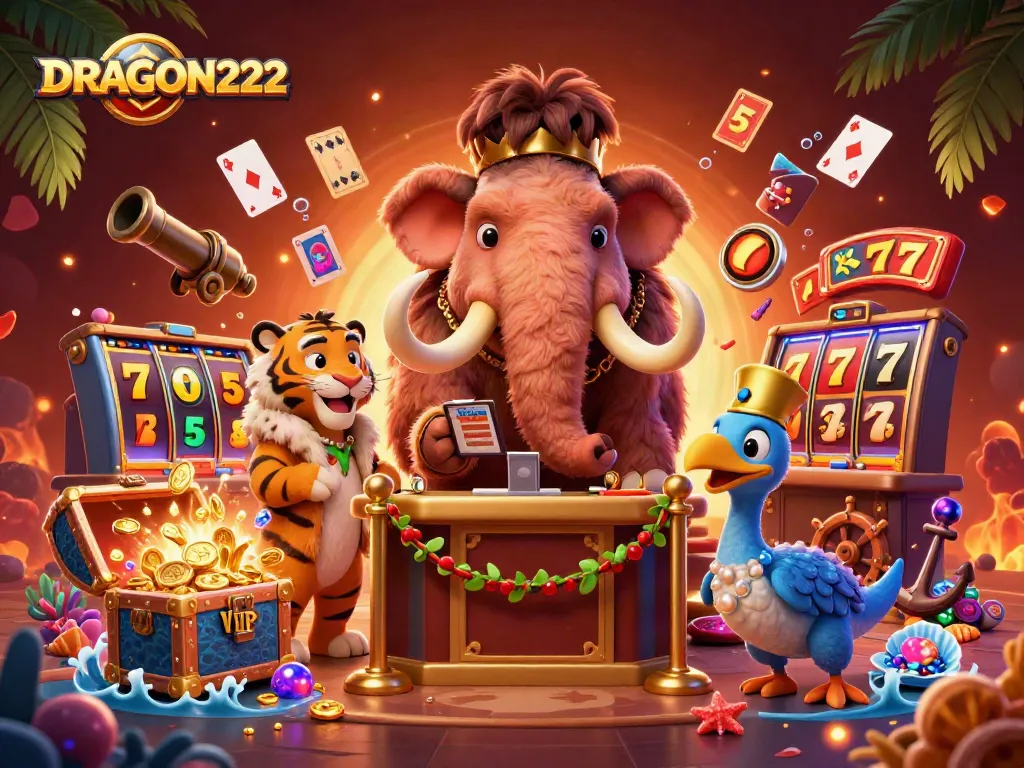 Experience thrilling gaming at DRAGON222 with colorful slot reels, golden coins, and unique characters.