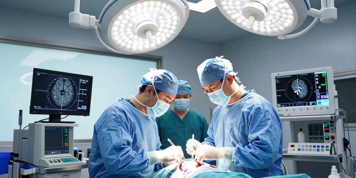 Beyin ameliyatı in a modern operating room, neurosurgeon performing surgery with advanced imaging and a focused surgical team.