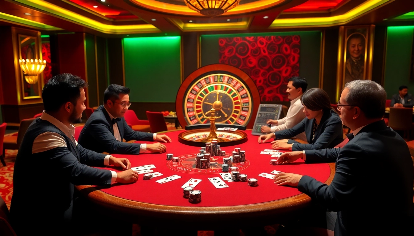 MM88 poker table action reveals professional gamblers engaged in high-stakes play amidst lavish casino decor.
