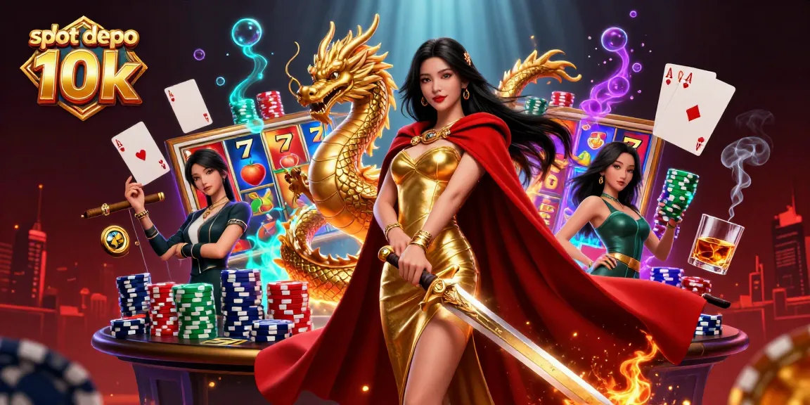 Experience the excitement of slot depo 10k with golden reels and a warrior queen in this vibrant casino scene.