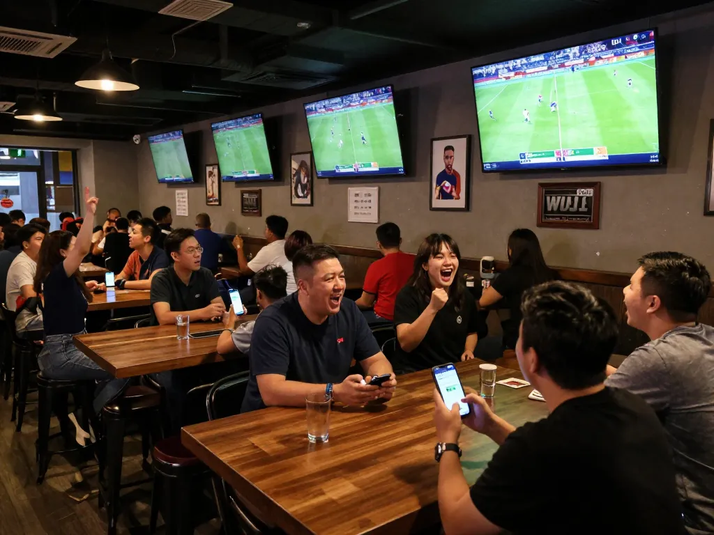 Patrons engaging in sports betting at https://w88bet.football/ during live match, excitement palpable