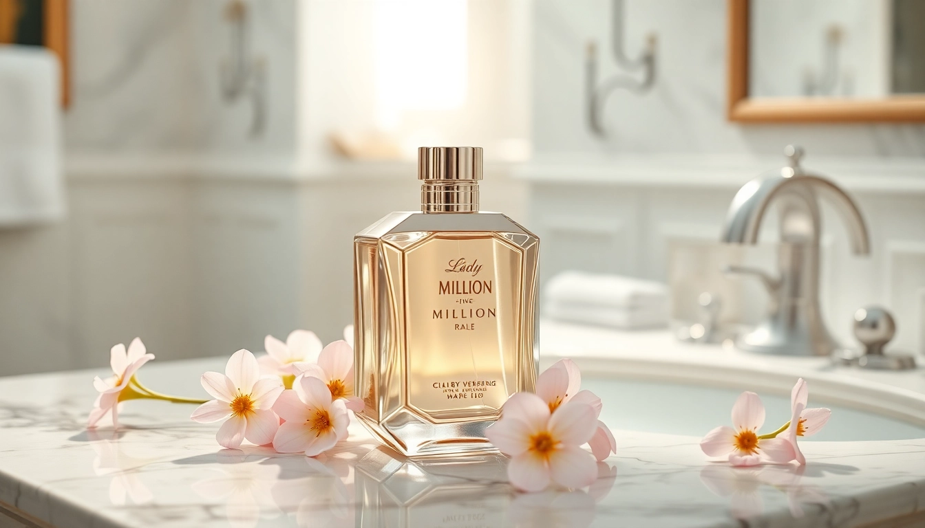 Enhance your collection with the exquisite lady million perfume displayed elegantly amidst floral accents.