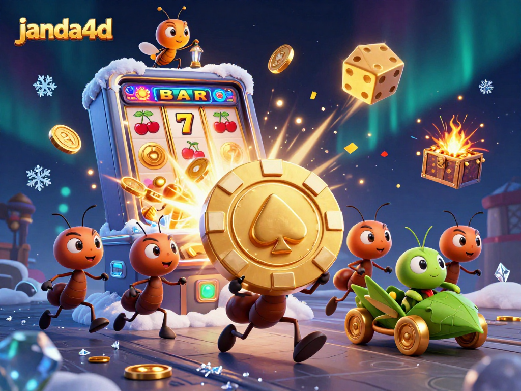 Ant JANDA4D mengantarkan chip poker emas raksasa dalam suasana kasino virtual yang cerah.