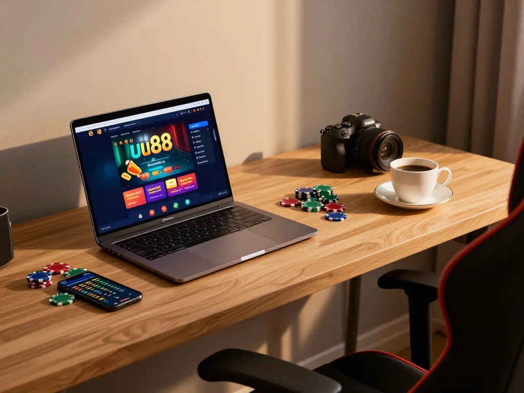 Engaging scene of a uu88 online casino experience with gaming setup on a laptop.