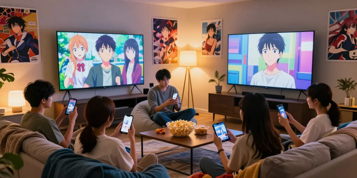Kelompok teman menonton anime di AnimePlay dengan suasana nyaman dan ramah, menikmati momen bersama.