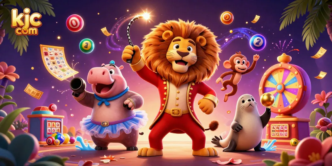Engage in thrilling gaming at kjc com with colorful elements and dynamic characters in a vibrant circus scene.