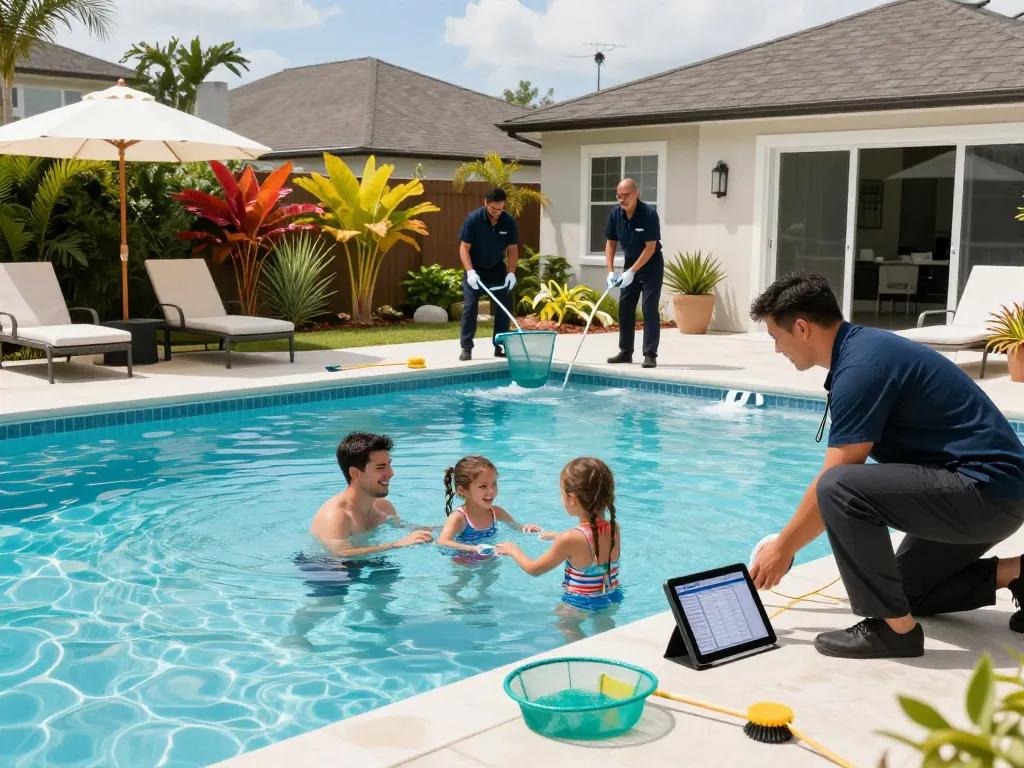 Dolphin Pool Services team ensuring a pristine pool for families in Virginia with professional maintenance tools.