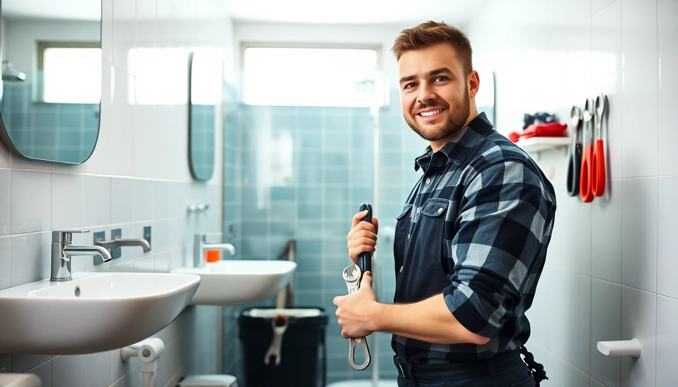 Find a trusted plumber near me fixing issues in a modern bathroom.