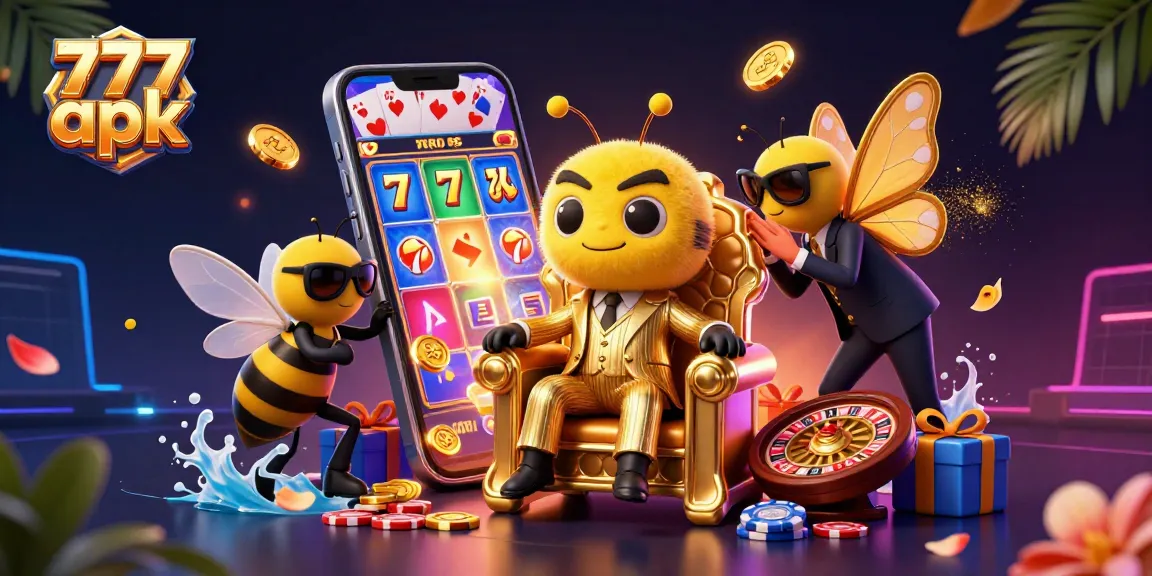Spin to win with 777 apk in this vibrant casino-themed digital illustration featuring slots and poker elements.