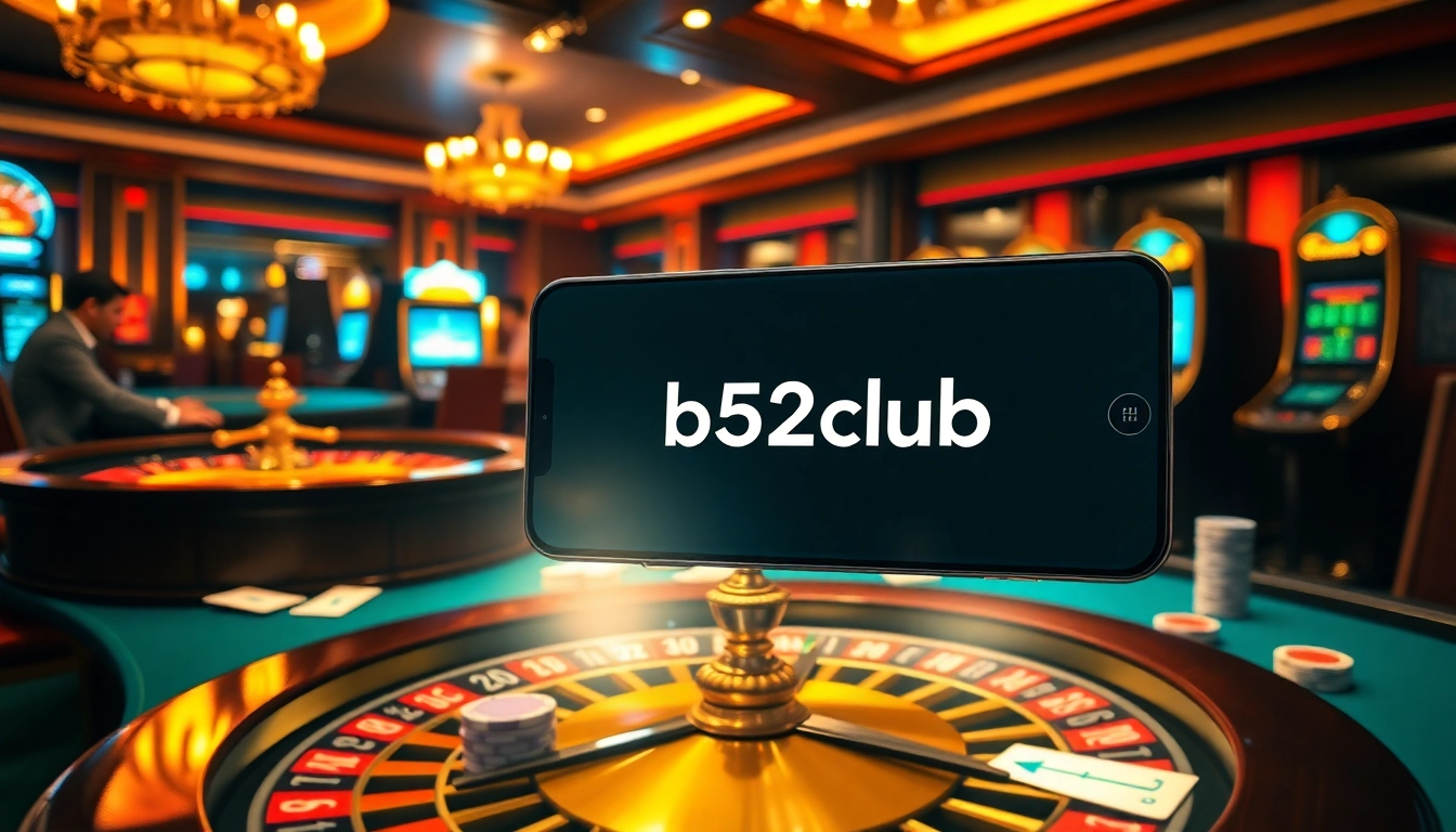 Engage with the b52club online gambling scene featuring poker chips and a roulette wheel for thrilling gameplay.