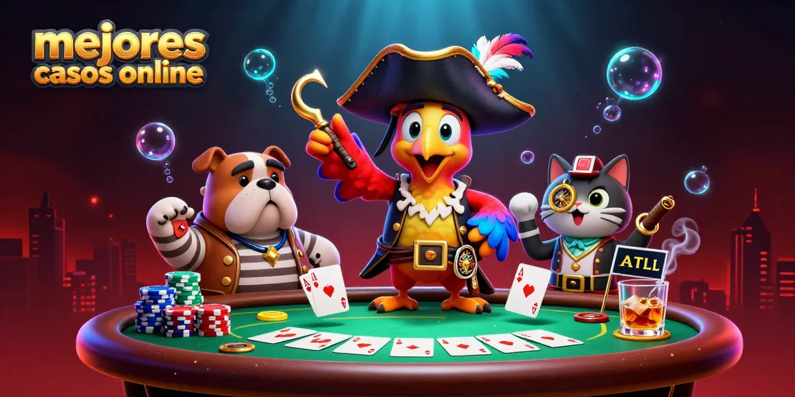 Ilustra los mejores casinos online con un capitán pirata, un bulldog y un gato, rodeados de fichas y cartas.