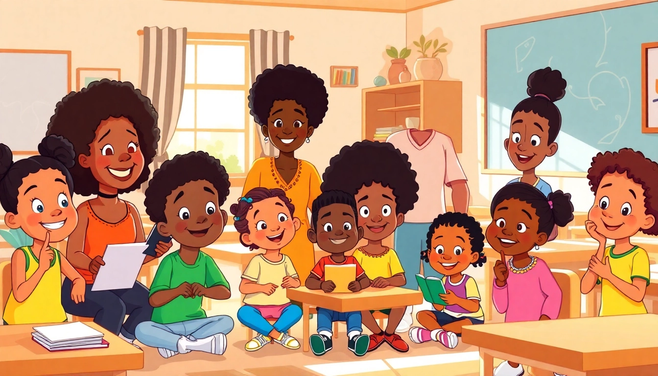A classroom filled with diverse children inspired by African American cartoons, engaging in learning through playful activities.