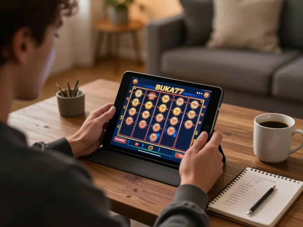 Engaging gamer utilizing BUKA77 slot games on a tablet in a cozy home setting, promoting responsible gaming.