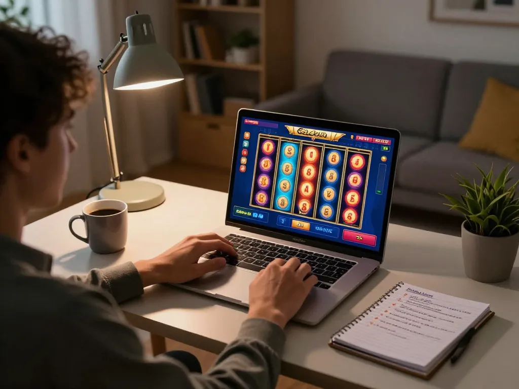 Engaging in slot gacor gameplay on a laptop at home with colorful spinning reels and strategy notes.
