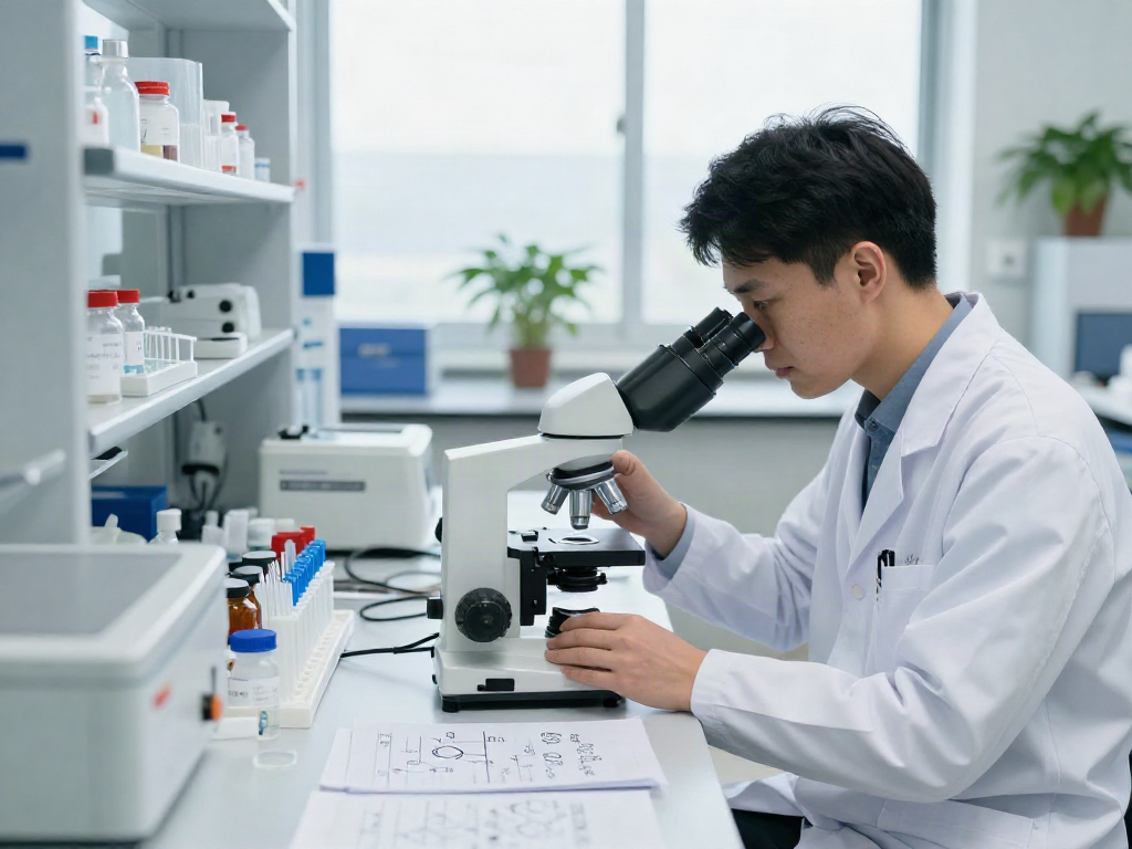 GHK-Cu research peptides analysis in a bright laboratory with scientists and equipment.