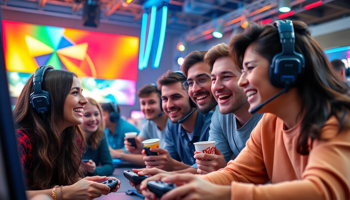 Gamers enthusiastically enjoying the Vislio Game in a vibrant gaming setup.