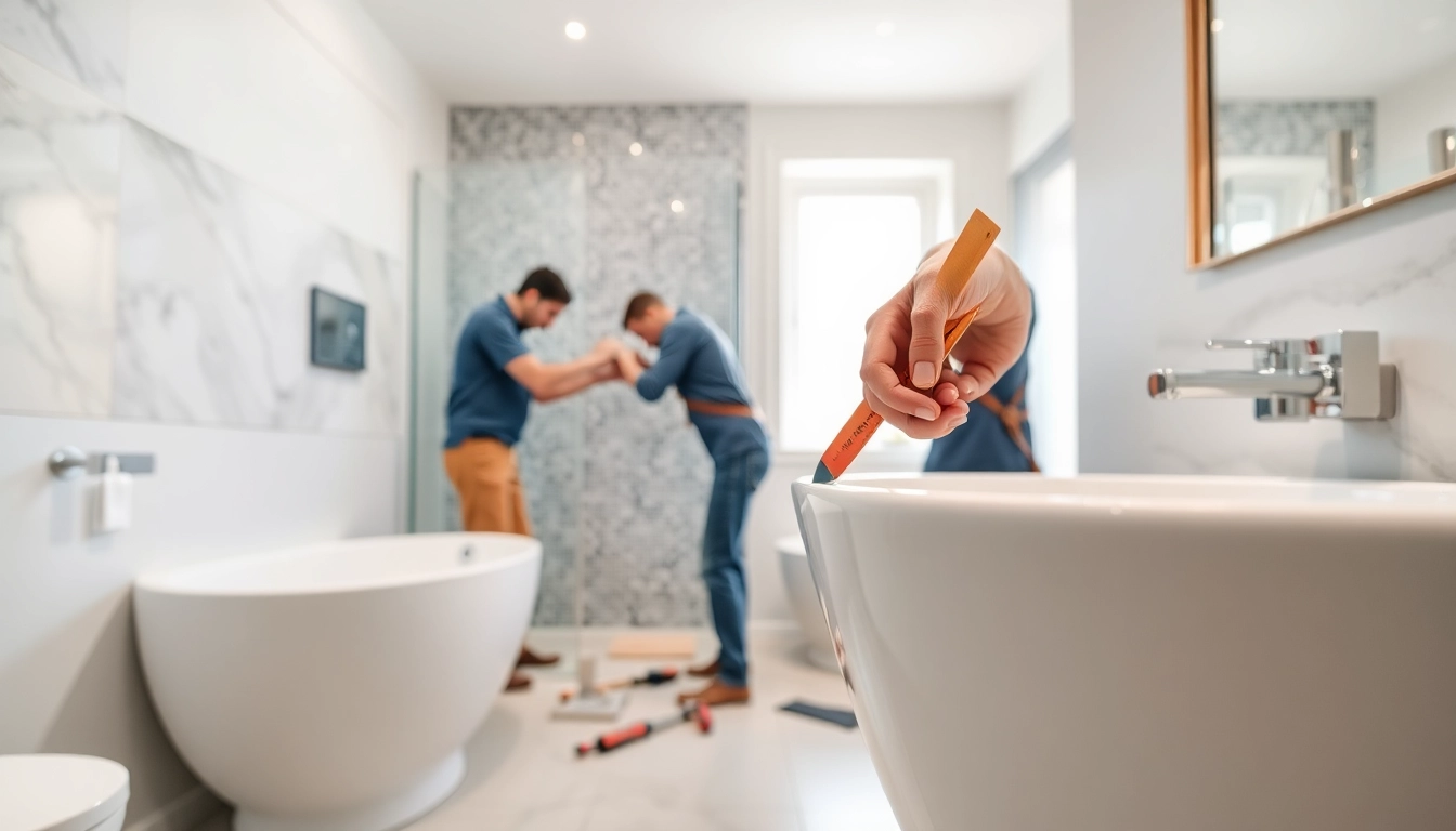 Meticulous bathroom fitters Manchester installing elegant fixtures in a modern setting.
