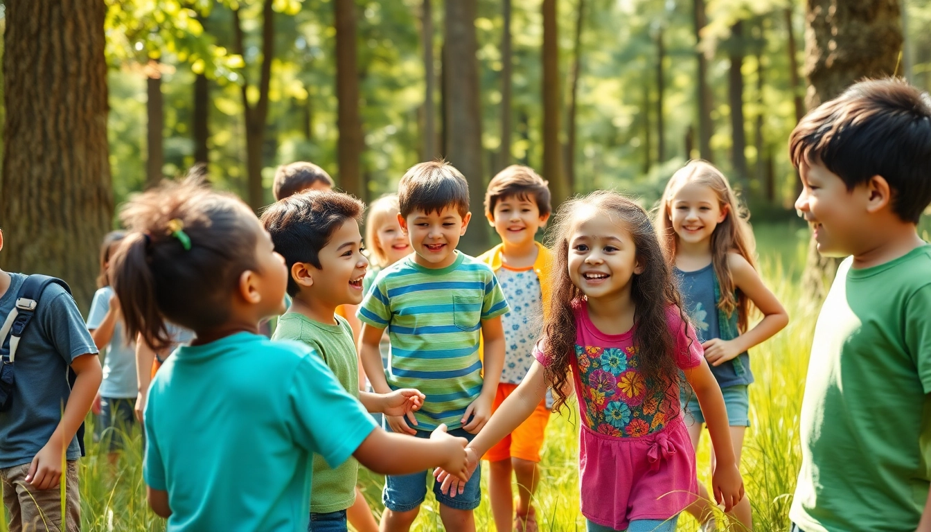 Children enjoying activities at a homeschool summer camp surrounded by nature