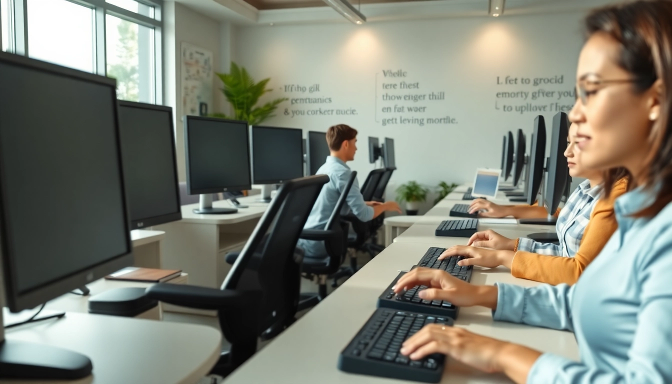 Engaged individuals at a typing center working efficiently in a modern workspace.