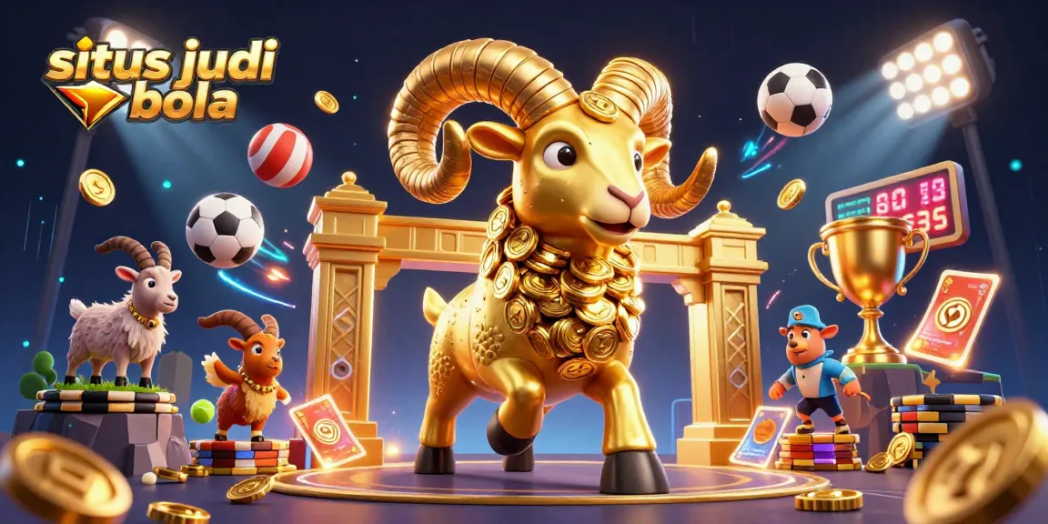 Witness the excitement at situs judi bola with golden ram charging through sports elements in vibrant 3D!
