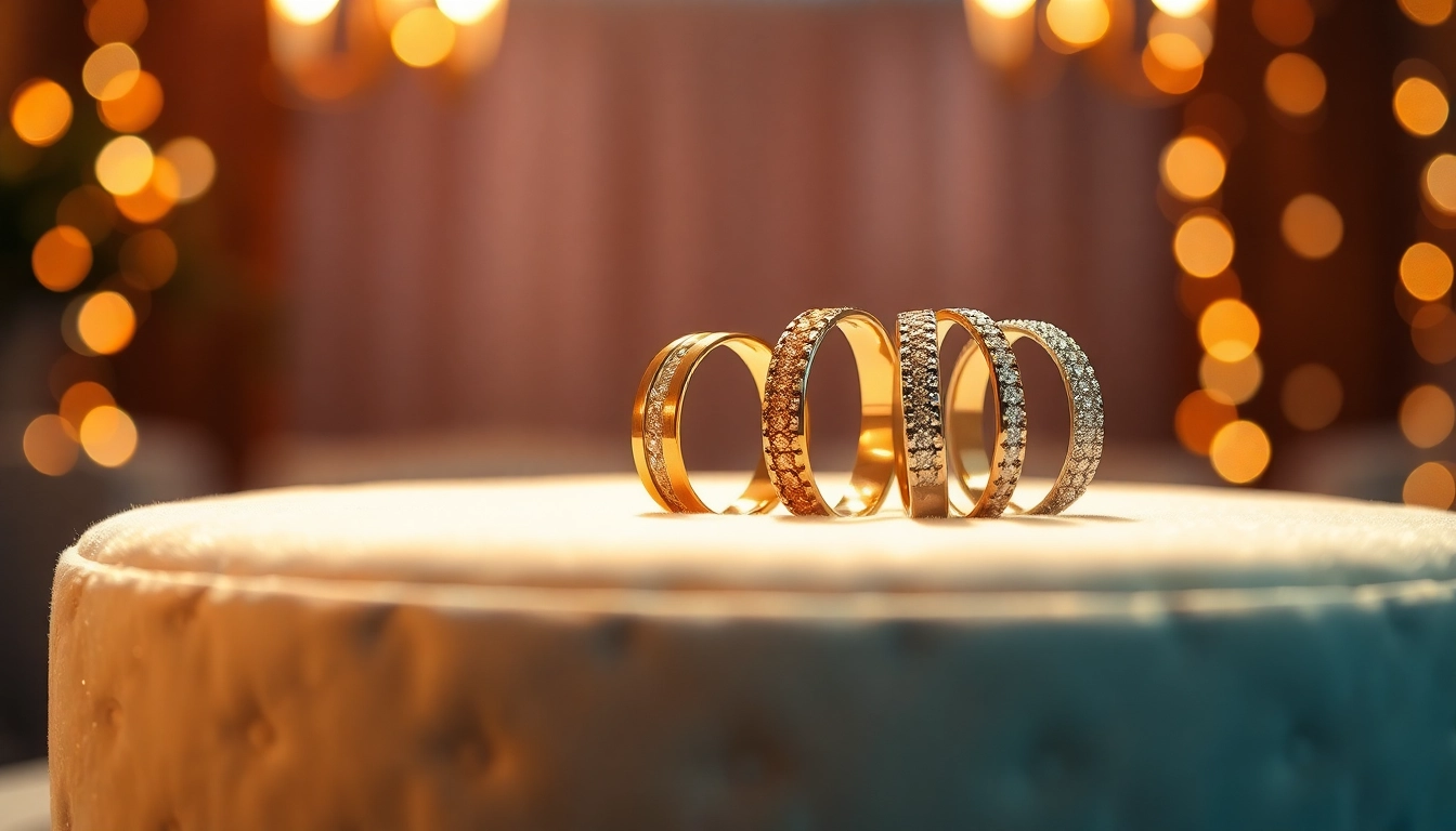 Showcase of exquisite wedding bands reflecting light and detail in a warm setting.