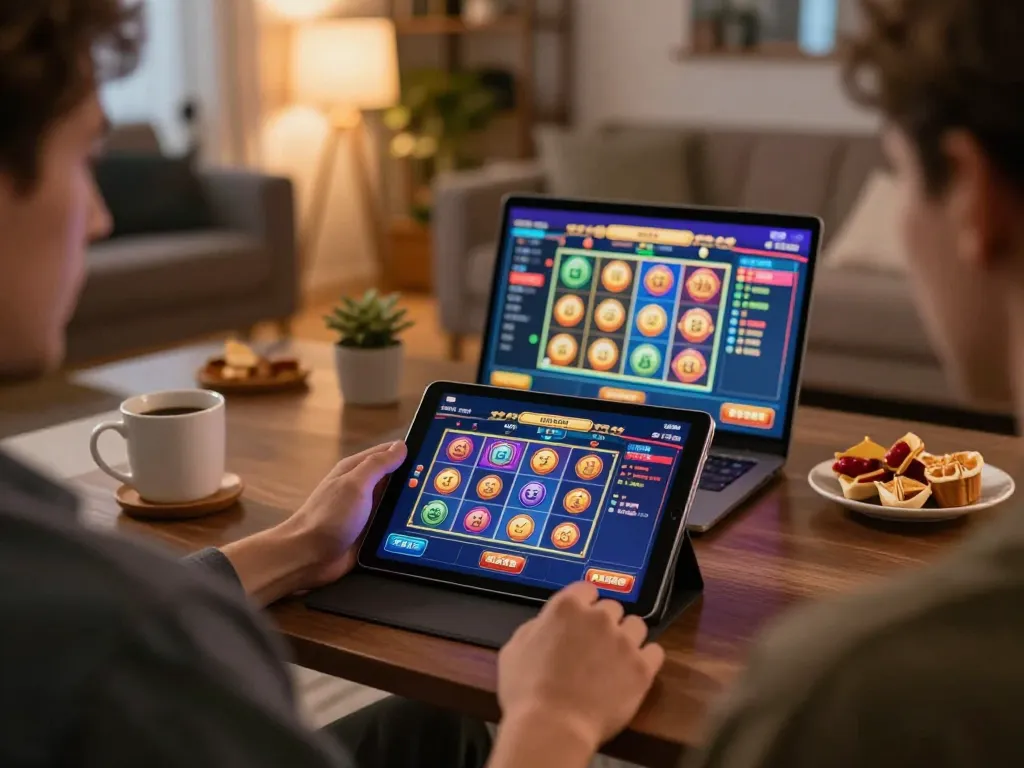 Play slots at situs slot gacor with a vibrant online gaming setup in a cozy living room, illustrating the excitement of responsible gambling.