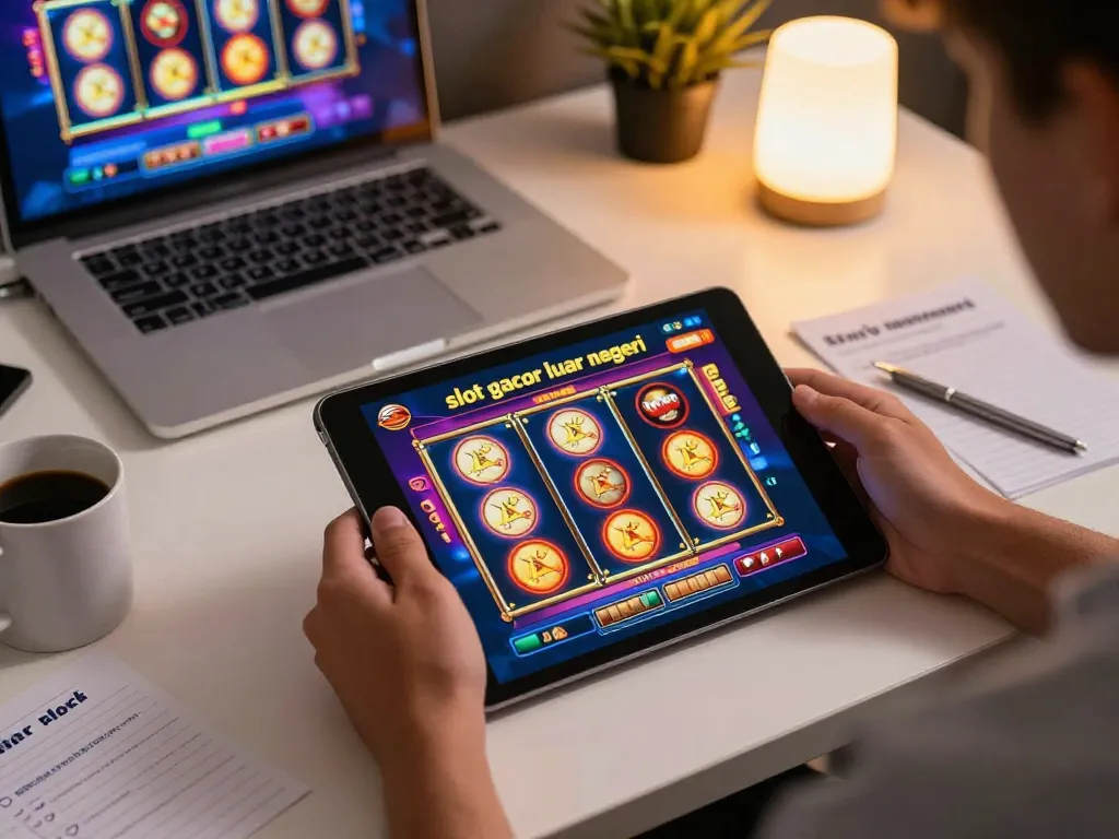 Engaging mobile gaming scene showcasing slot gacor luar negeri on a tablet, enhancing online gambling experience.