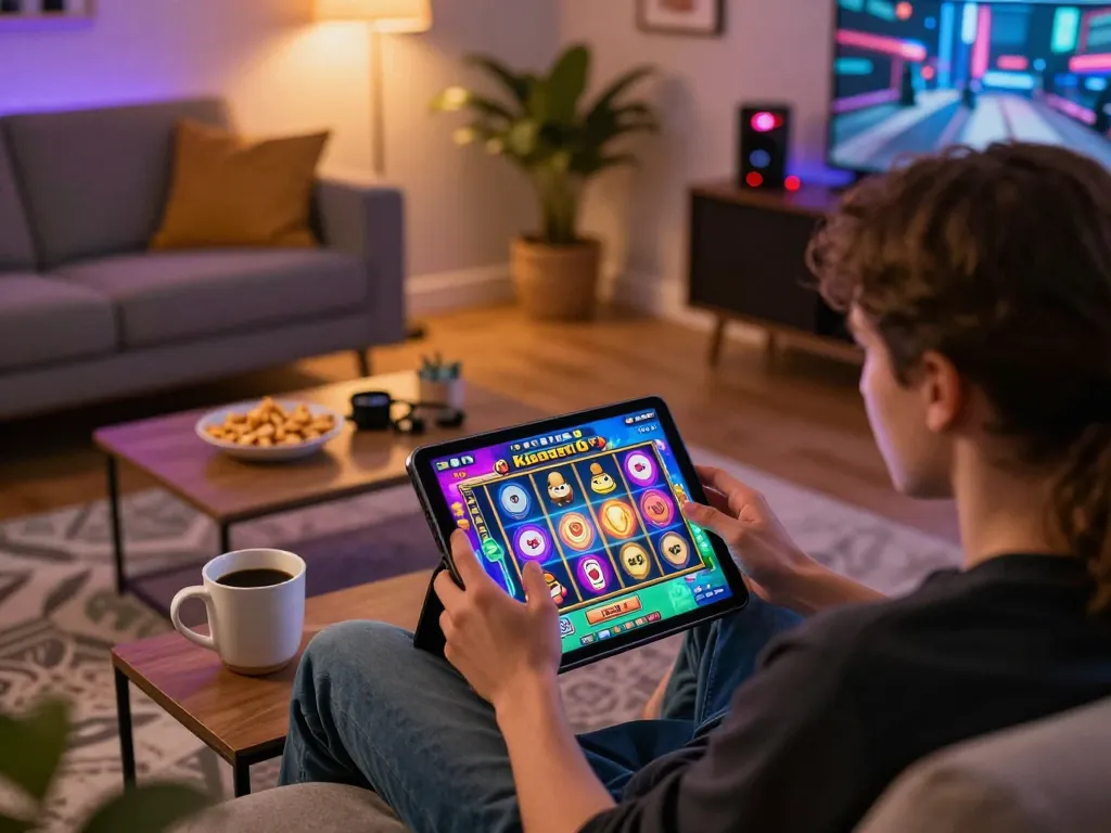 Kiss918 apk gameplay on tablet, featuring vibrant slot game interface and cozy setting, inviting atmosphere.