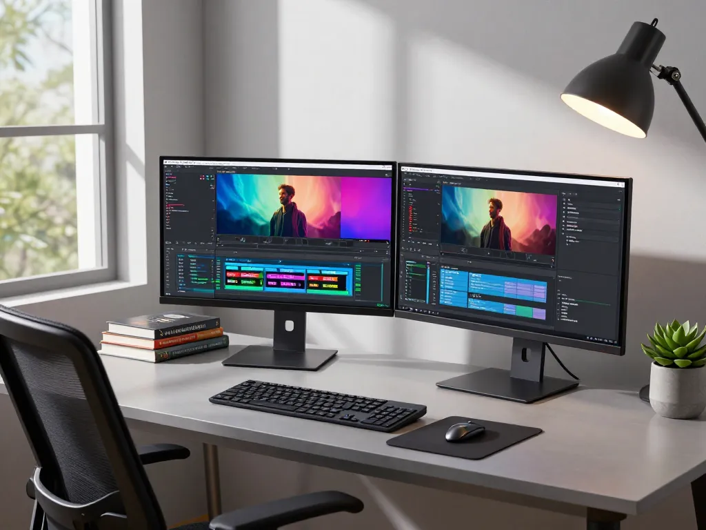 Video to prompt ai in a modern tech workspace with dual monitors and vibrant analysis software