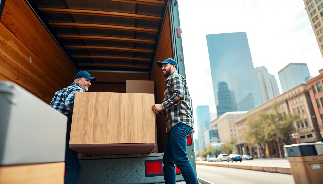 Movers in Boston efficiently loading items onto a truck amidst a city backdrop.