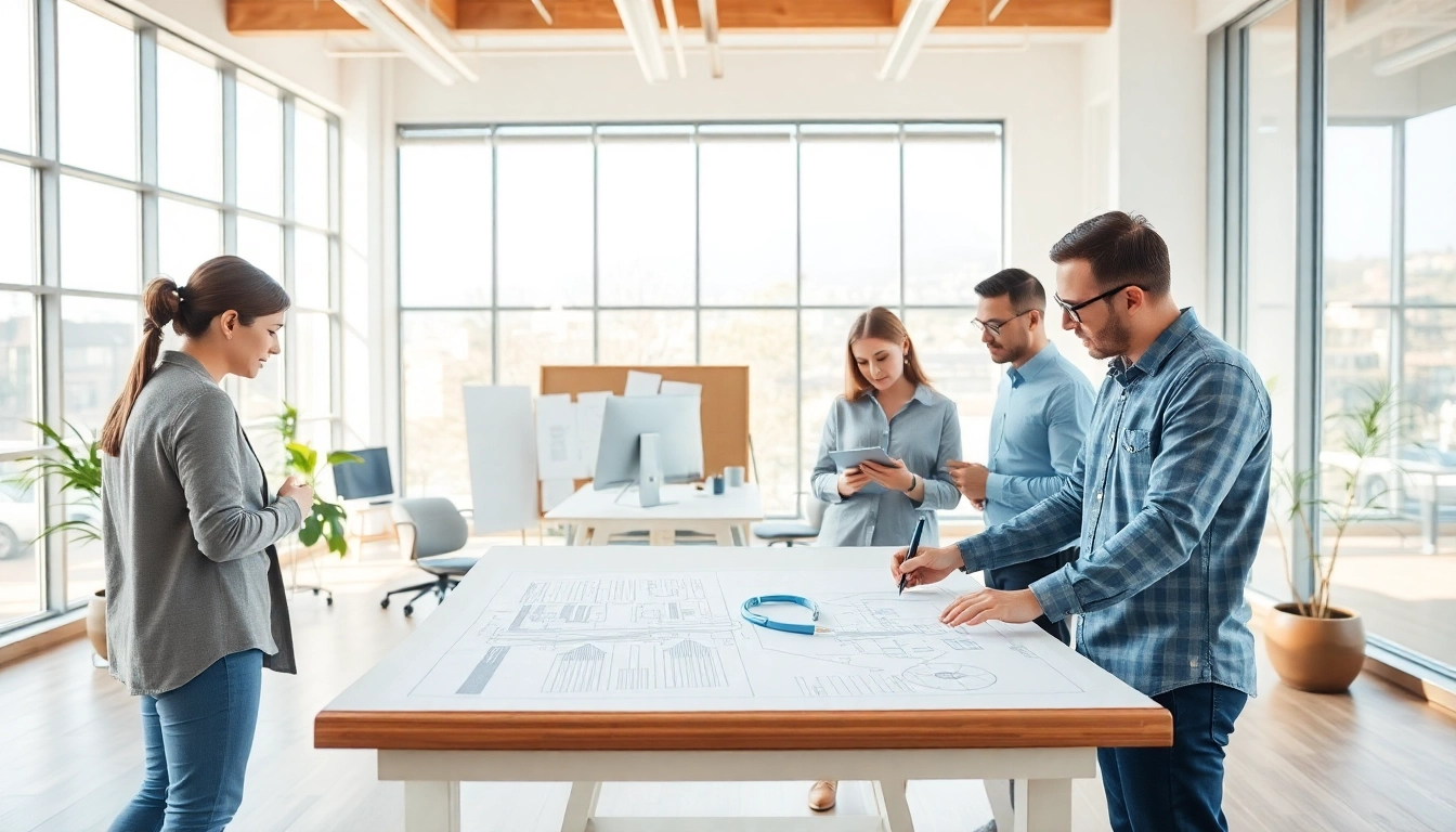 Architects collaborating at an architecture and engineering firm, showcasing design and planning.
