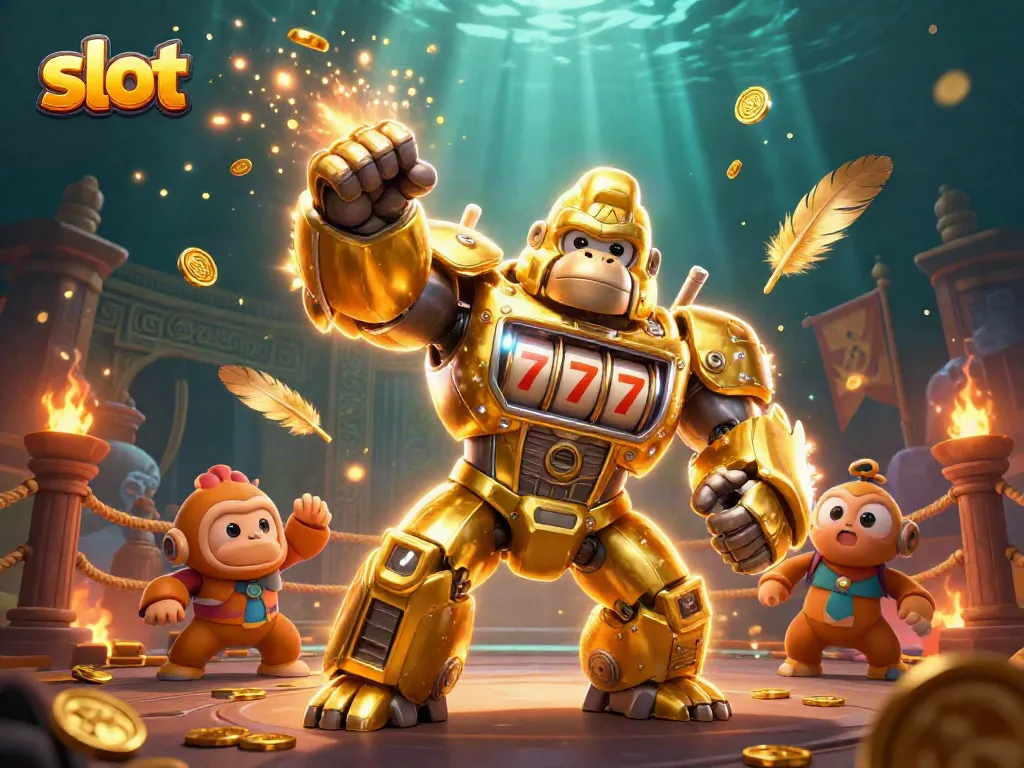 Spin to win! A golden gorilla mech with slot machine parts showcases exciting slots action.