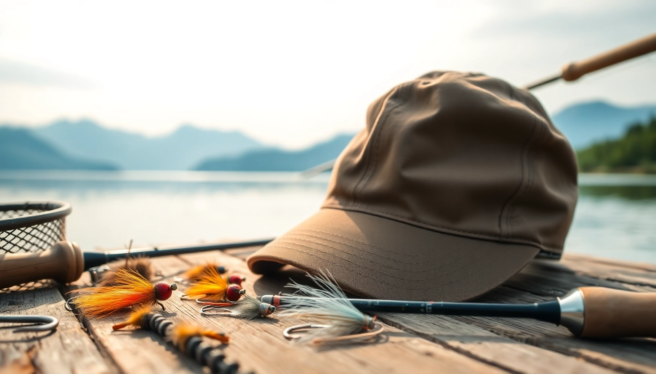 Shop stylish fly fishing hat resting on a wooden table with fishing gear around it.