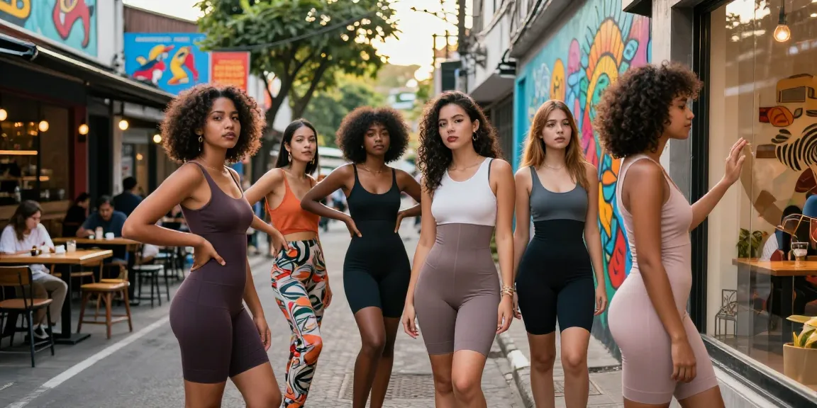 Wanita mengenakan Colombian Shapewear Galess di https://colombianshapeweargaless.com, berpose percaya diri di jalan kota yang ramai.