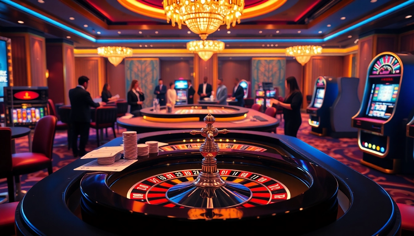SHBET casino scene featuring professional dealers and vibrant roulette tables.
