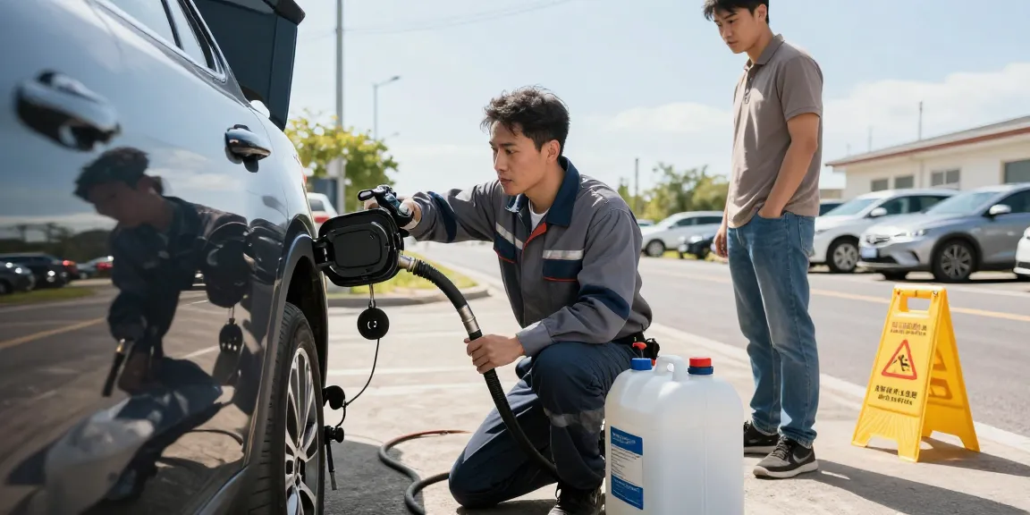 Technician draining Adblue in diesel car at roadside service