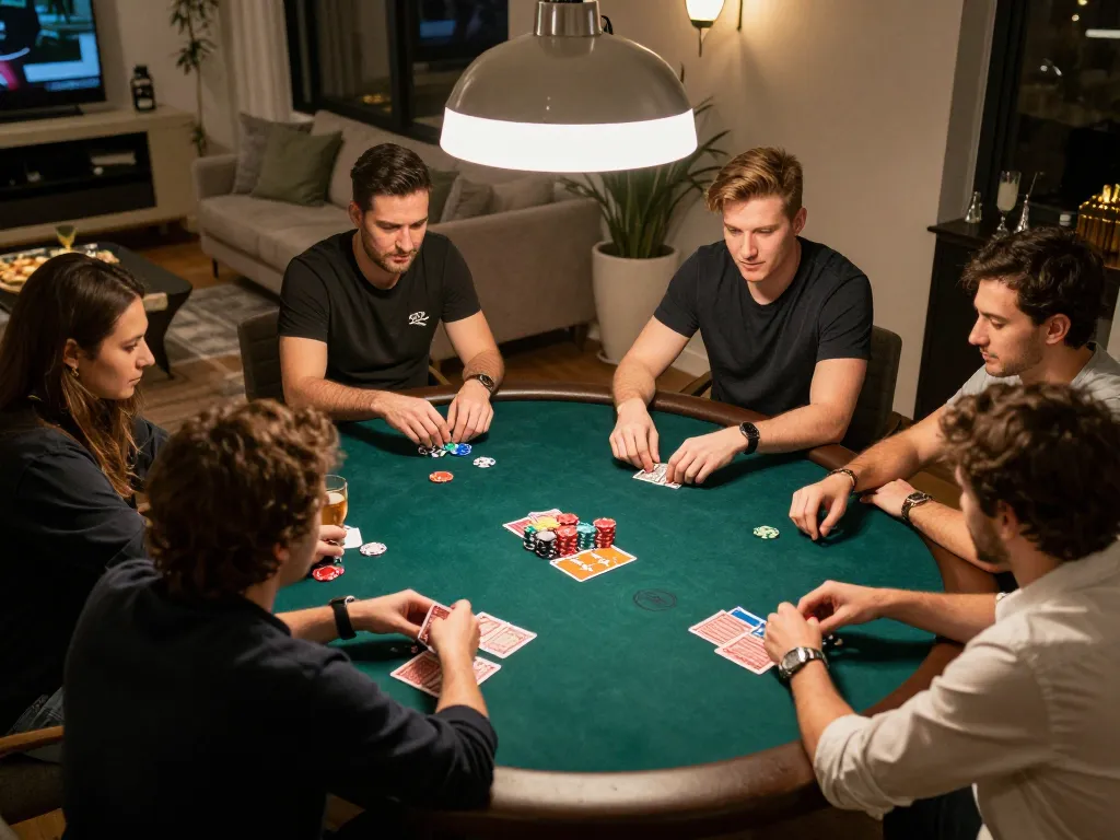 Household friends playing poker strategizing around a table at nhà cái 388bet