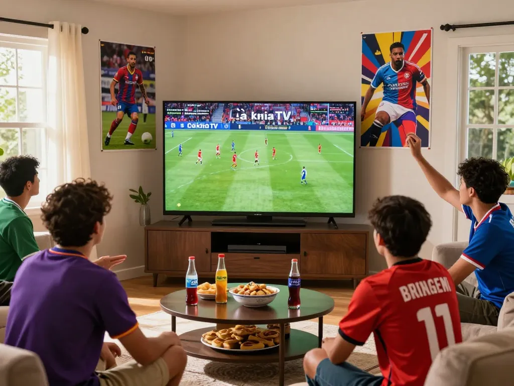 Fans celebrating and watching live football on Cà khịa TV with vibrant energy and excitement.