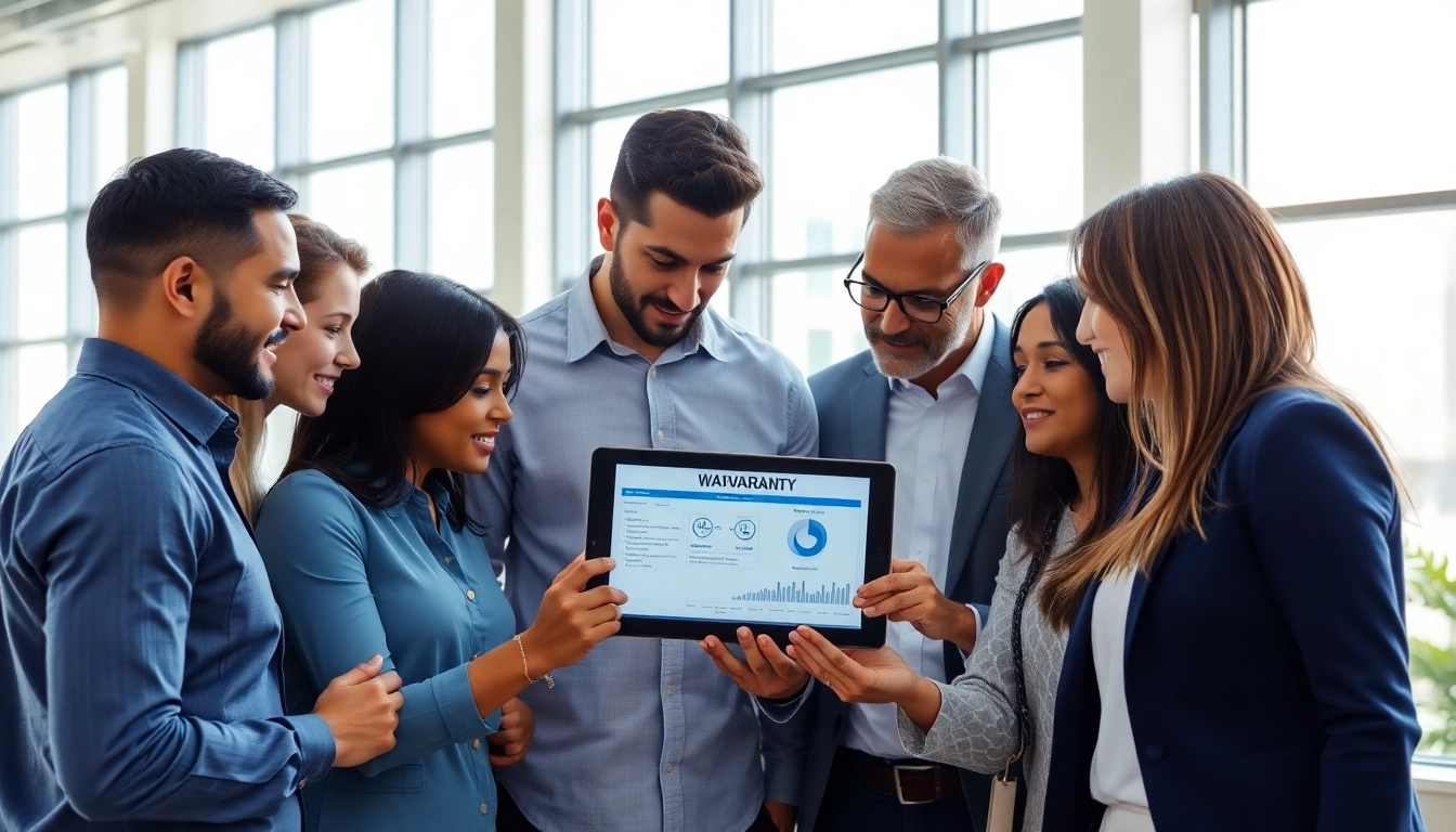 Warranty company for customers and repair providers discussing warranty claims collaboratively in an office environment.