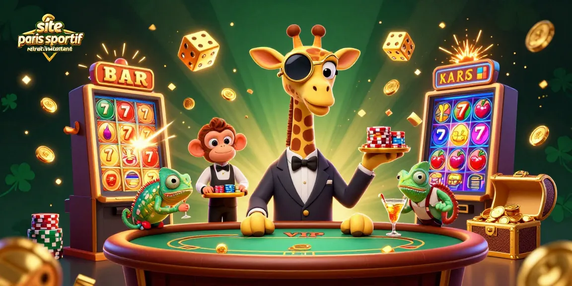 Retrait instantané paris sportif illustré avec une girafe élégante et un singe valet jouant au poker