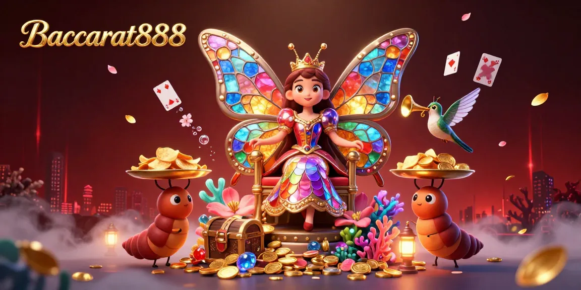 Baccarat888 showcases a vibrant 3D illustration with a butterfly queen and gold-filled treasures, celebrating casino excitement.