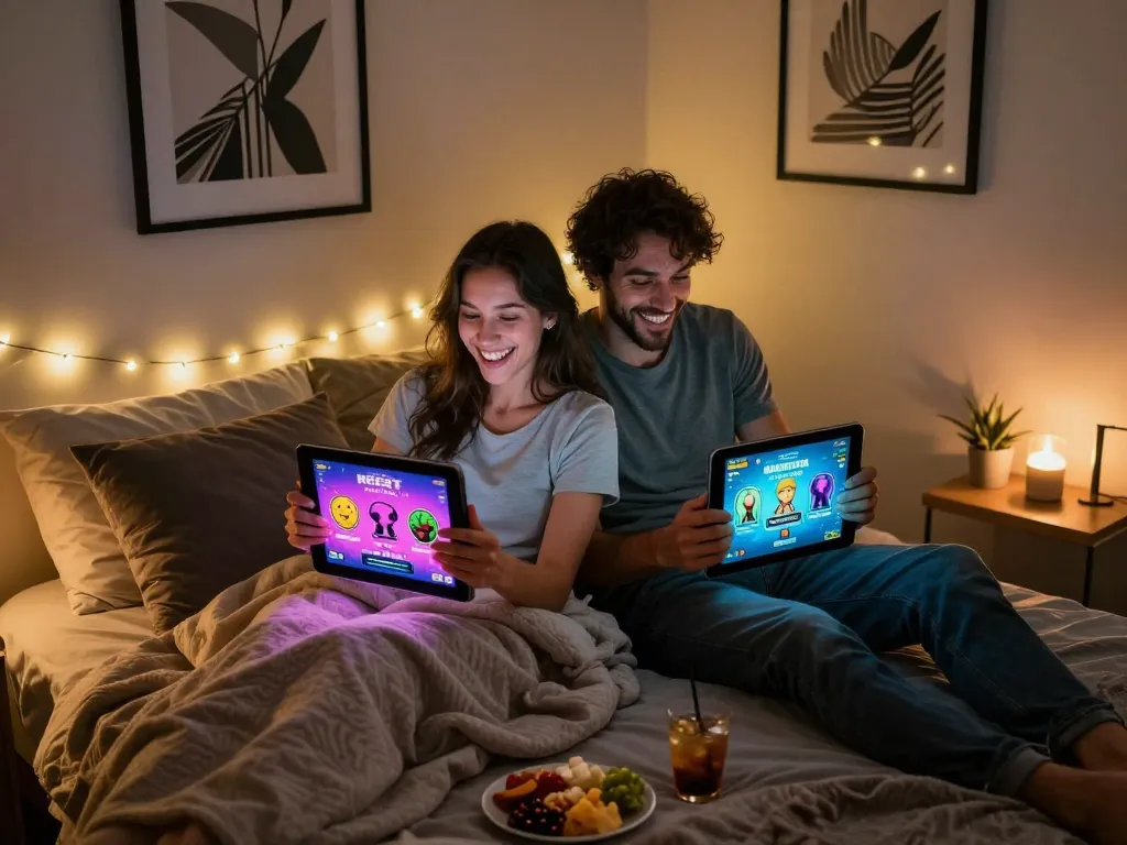 Couple enjoying free sex games on tablets in a cozy bedroom.