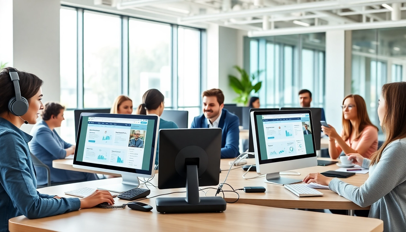 Engaged employees utilizing business phone service in a modern office environment.