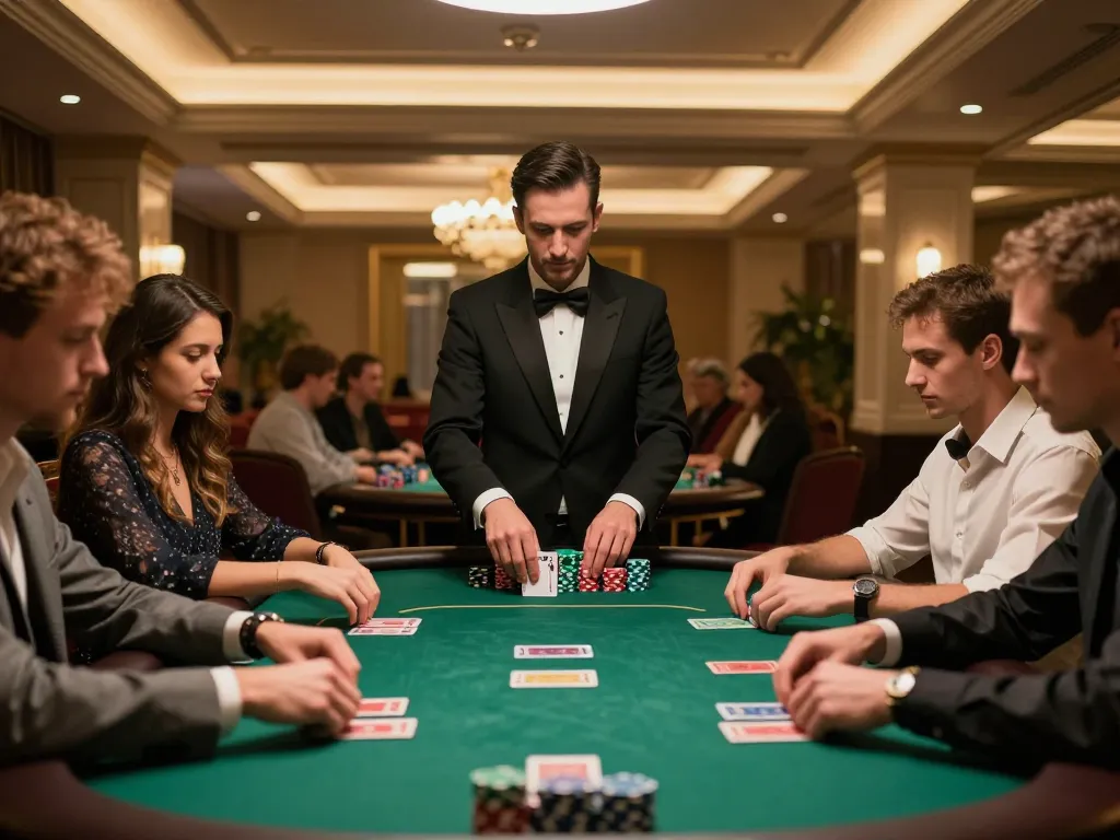 Exciting poker game scene at a luxury casino with mm88pc players engaged at the table