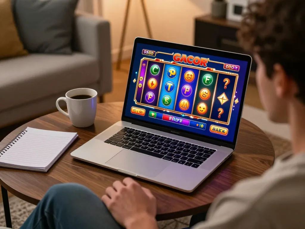 Engaging moment of online gambling with slot gacor gameplay showcased on a laptop, illustrating the excitement of virtual slots.