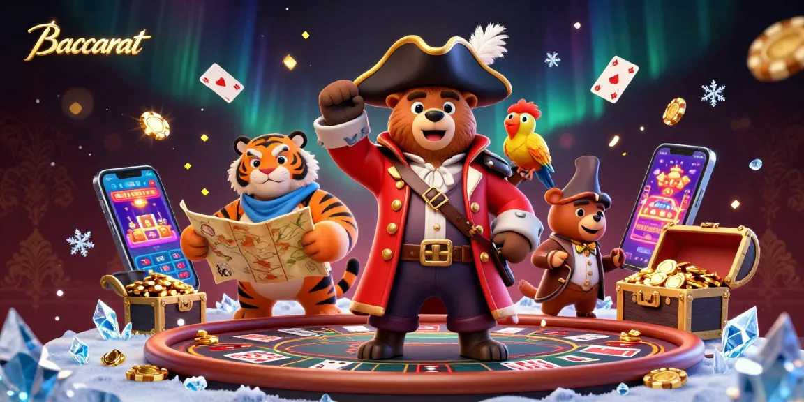Baccarat-themed illustration showcasing a vibrant casino scene with a pirate bear, tiger, and golden treasures.