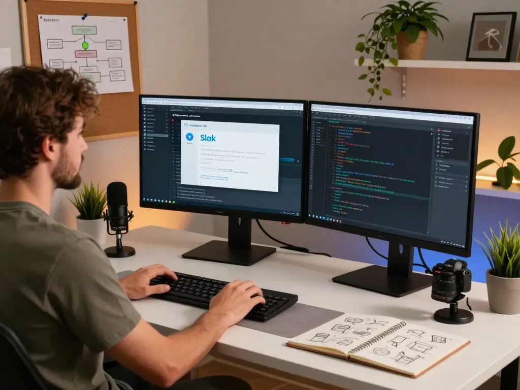 Moltbot AI home office scene with developer coding and dual monitors, illustrating clawdbot ai interface and workflow integration.