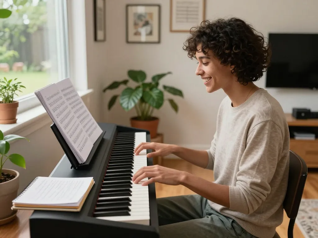 Someone joyfully playing the go 88 digital piano in a cozy, inviting home setting.